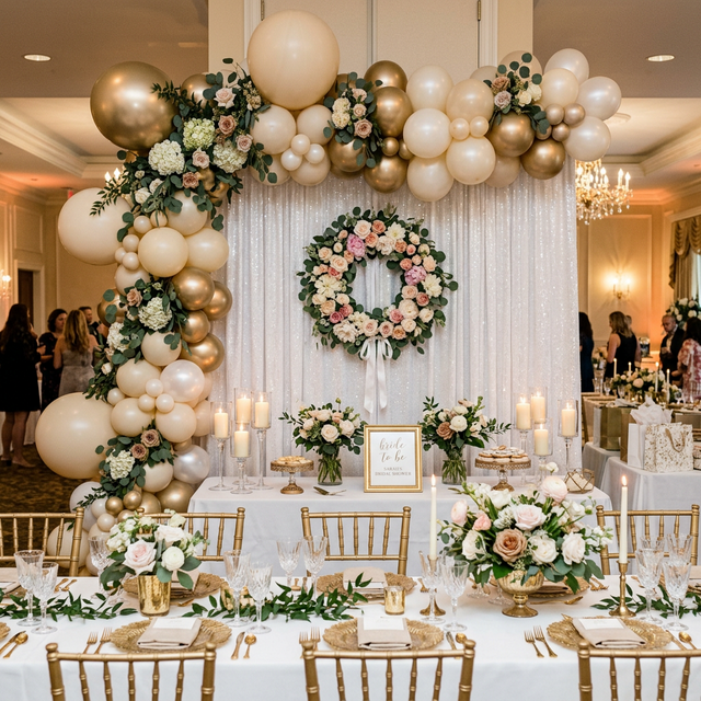 Bridal shower shimmer wall and balloon arch